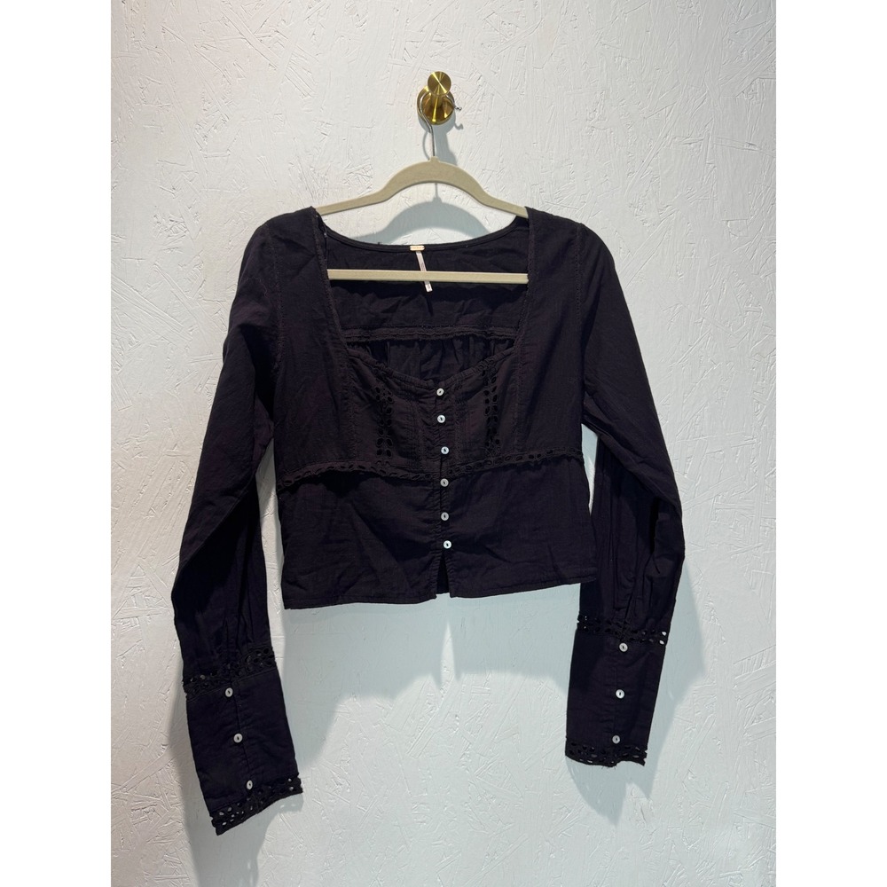 Free People Joi Blouse Black Eyelet Square Neck Cropped Long Sleeve Top XS